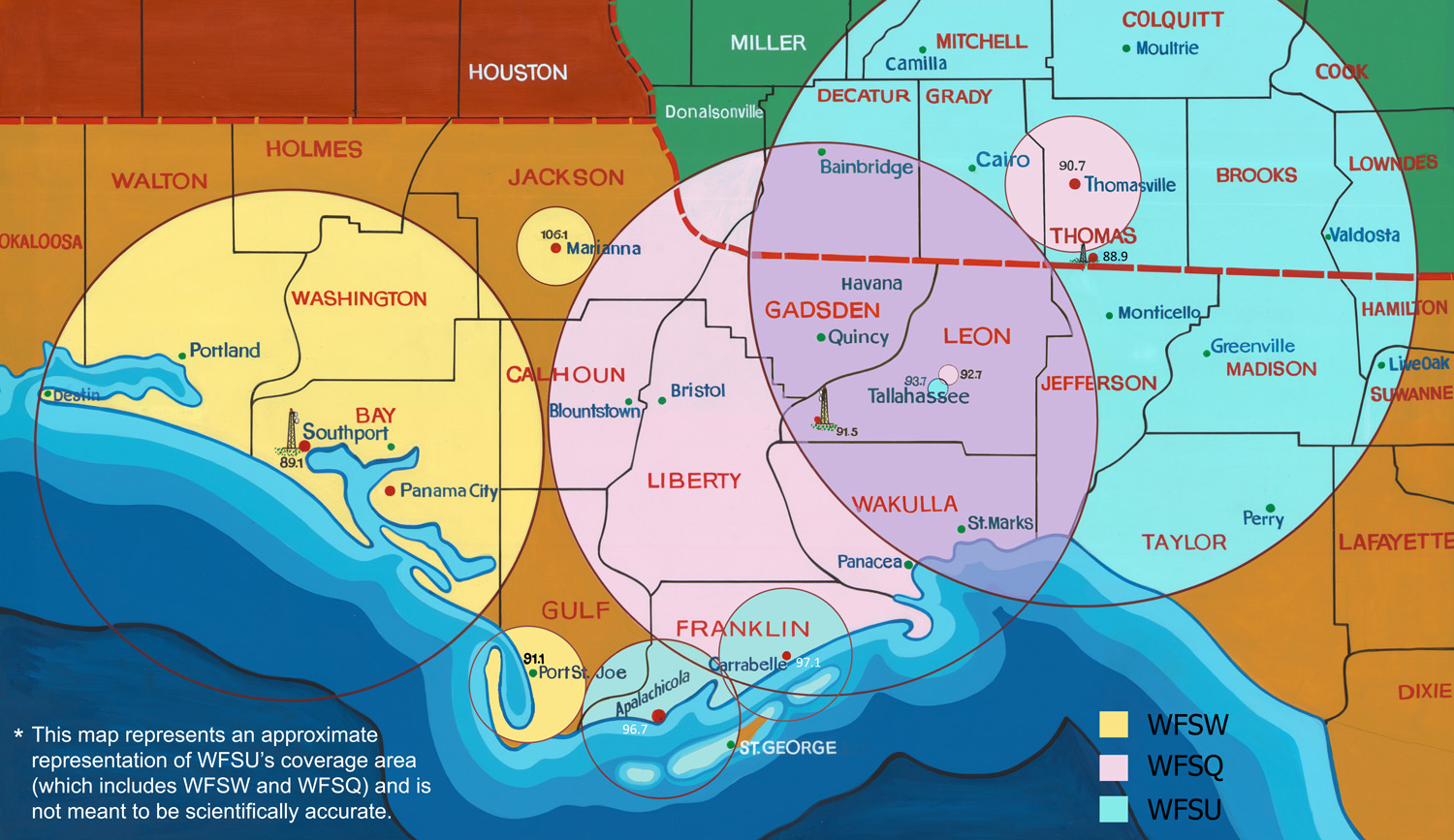 An artist's rendering of the WFSU FM coverage area showing a map of NW Florida with overlaid circles.