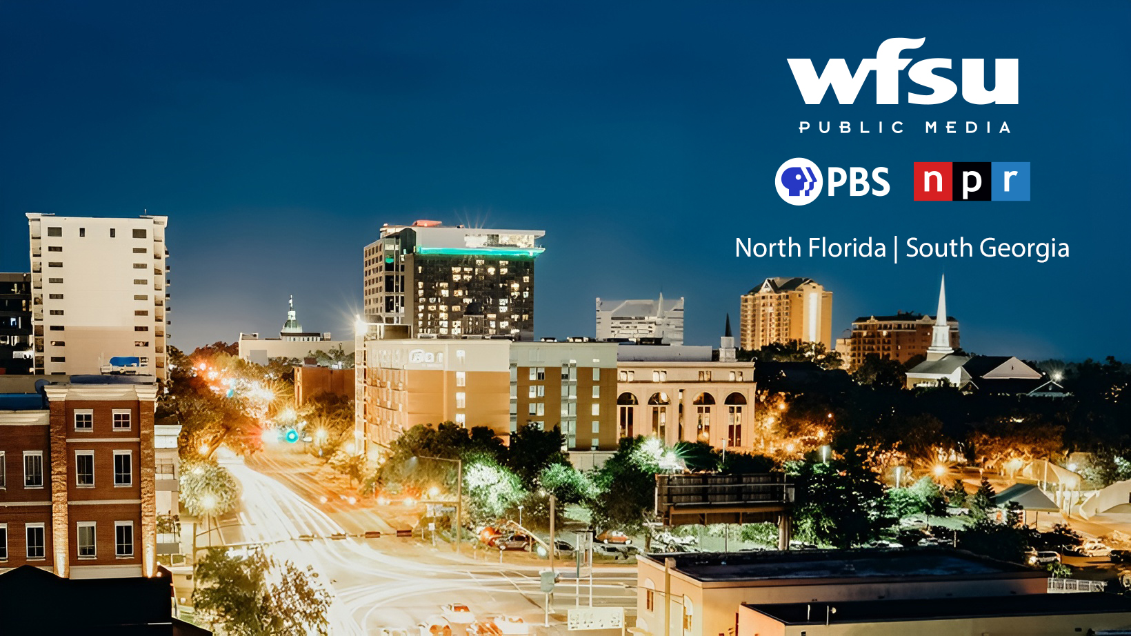 Timelapsed image from an elevated viewpoint showing downtown Tallahassee at night with the WFSU, PBS and NPR Logos int he top right.